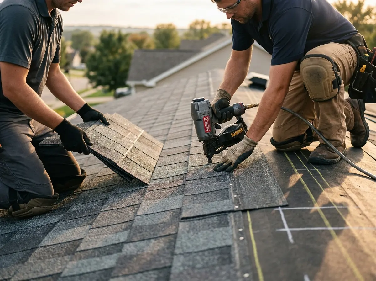 Professional roofer working on a residential roof in Chubbuck